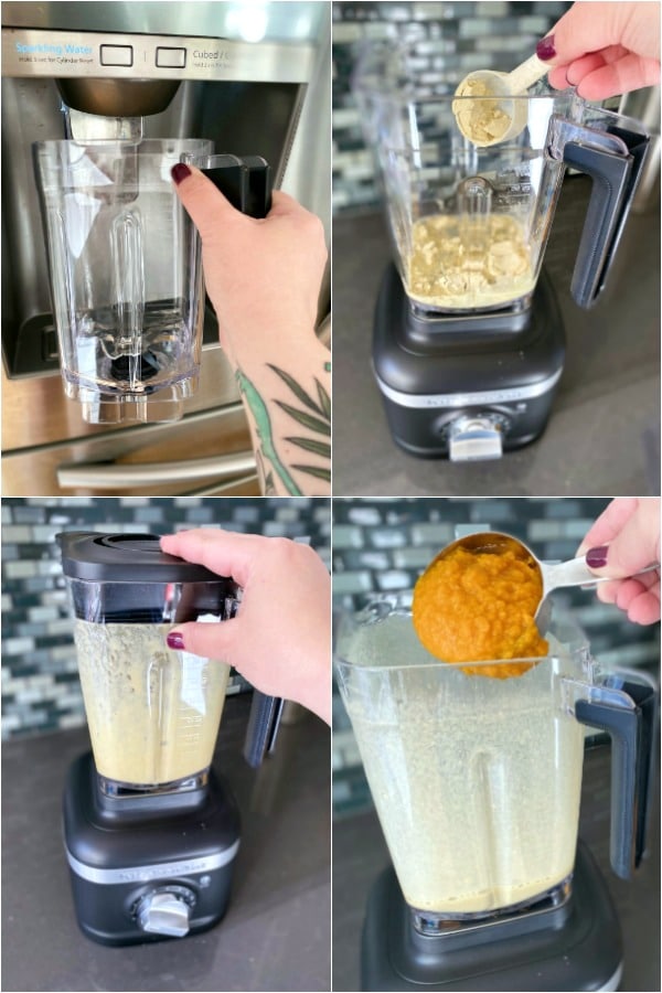 four photos showing how to make a pumpkin smoothie: water in blender jar, add protein, pumpkin