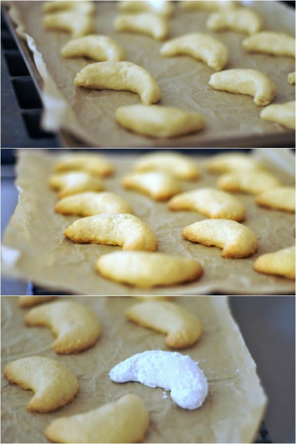 three photos of how to make crescent cookies: shaping the dough, after baking, coated in powdered sugar