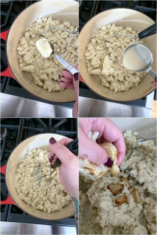 four photo collage showing How To Make Mashed Cauliflower: after steaming, add butter, milk, roasted garlic and spices, then mash