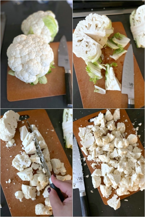four photo collage showing How To Make Mashed Cauliflower: chop cauliflower, steam cauliflower