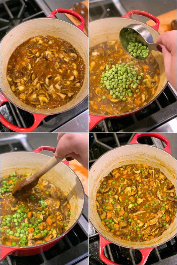 photo collage showing the process of How To Make Stew: add frozen peas to cooked veggies, broth, and other ingredients. bring to a boil, simmer