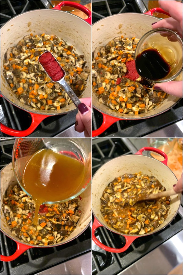 photo collage showing How To Make Vegan Mushroom Stew: add tomato paste, tamari, and broth to sautéed veggies 