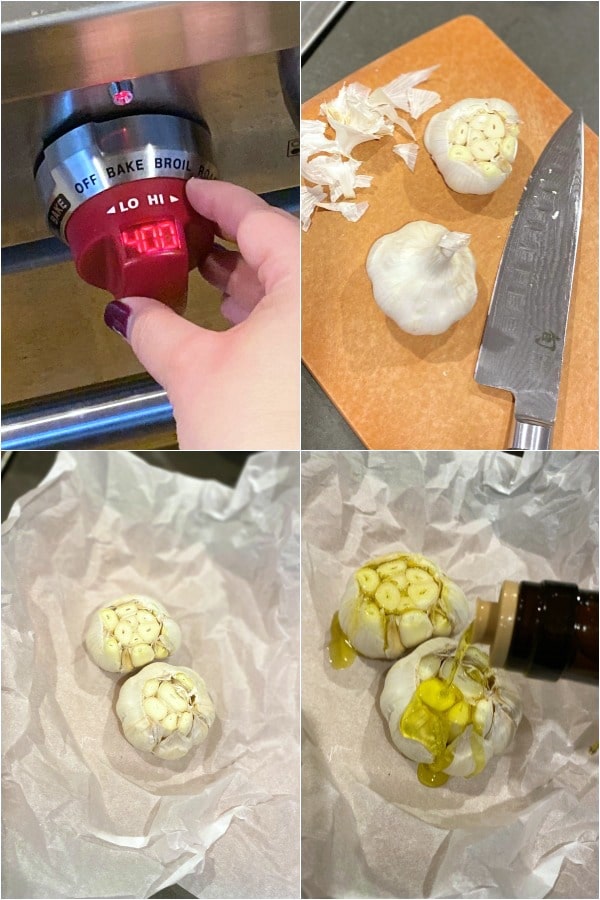 four photo collage showing how to roast garlic: preheat oven, chop off top of garlic, place on foil, drizzle with olive oil