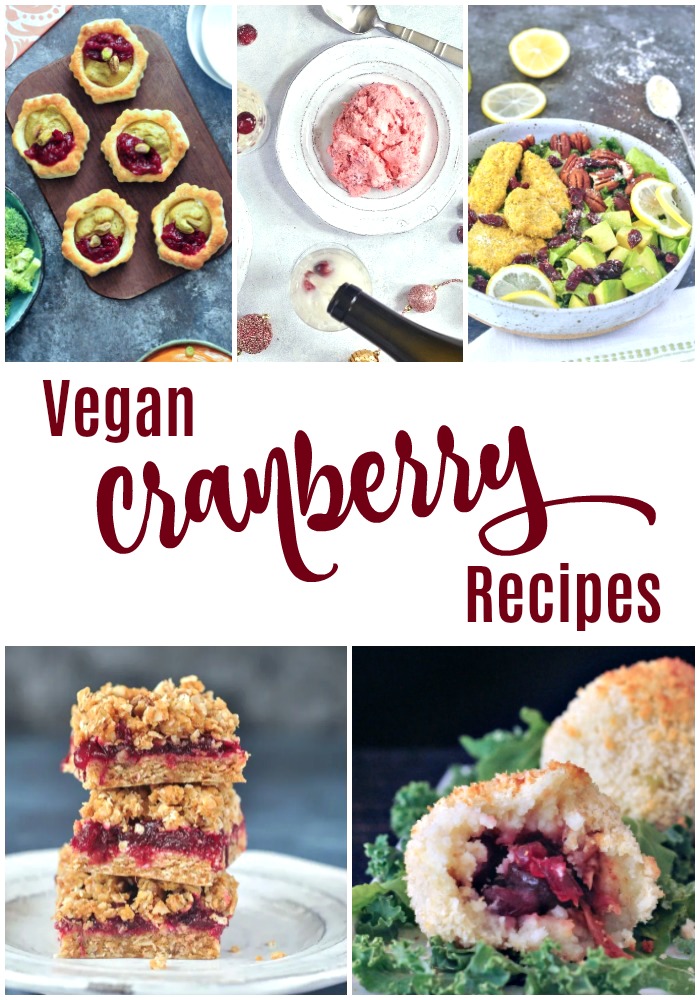 several photos of Vegan Cranberry Recipes: garlic pistachio tart, cranberry jello fluff, cranberry chicken salad, no bake oatmeal bars