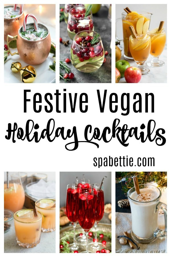 six photos of vegan holiday cocktails: a mule in a copper cup, crisp clear sangria with pears and berries, dairy free nog in a tall mug