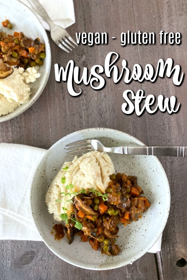 overhead view of vegan mushroom stew, served in bowls over mashed cauliflower