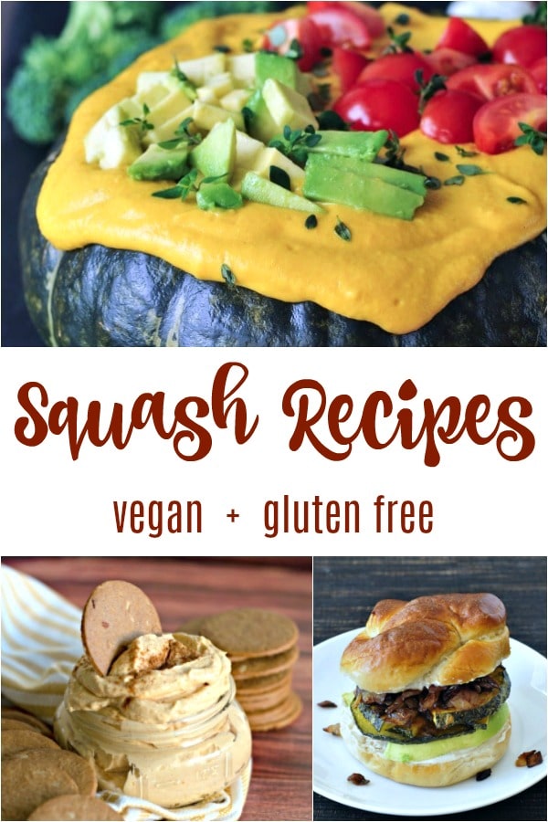 a photo collage of vegan squash recipes: kabocha dip, pumpkin spread, kabocha sandwich