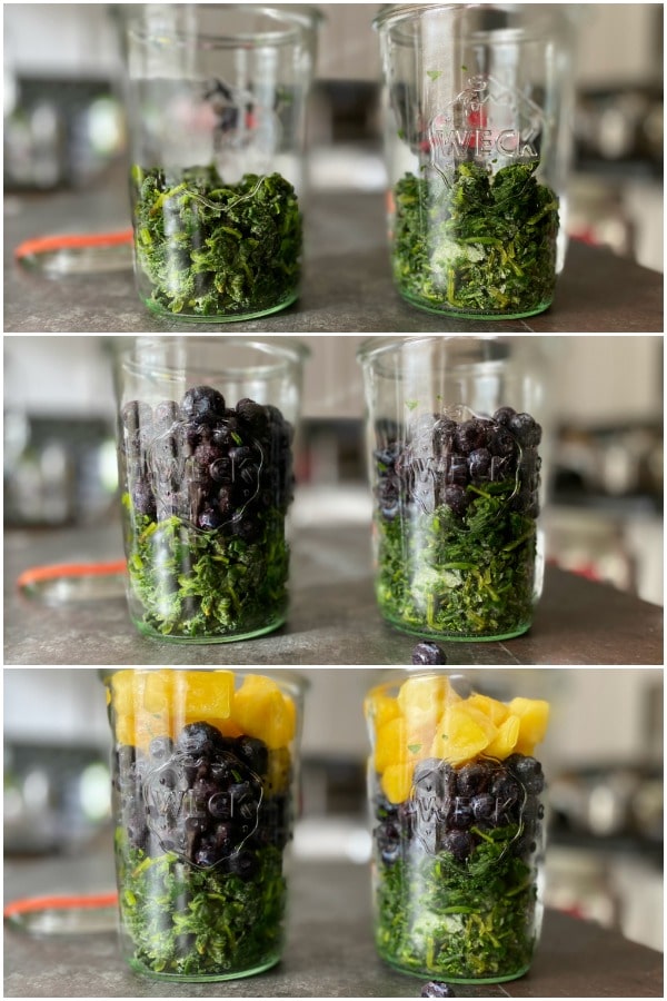 three photos of glass jars being filled with smoothie ingredients for meal prep smoothies