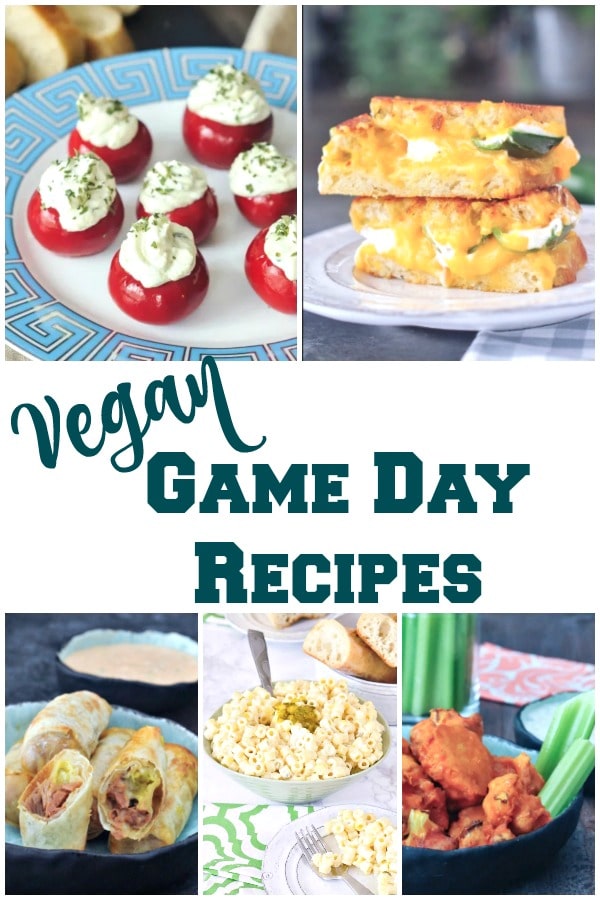 a collage of four photos and text that reads Vegan Game Day Recipes. top left side image is Boursin cheese stuffed red peppadew peppers, top right side image is a jalapeno popper grilled cheese sandwich. bottom left image is reuben egg rolls, middle image is macaroni salad, bottom right image is buffalo sauce battered cauliflower pieces.