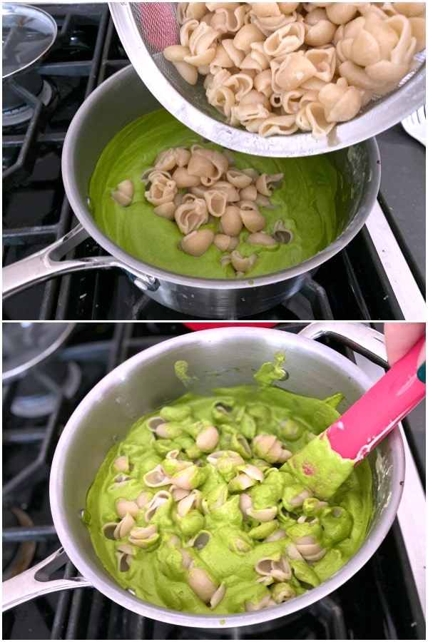 How To Make Green Pasta: adding cooked pasta noodles to spinach cheese sauce