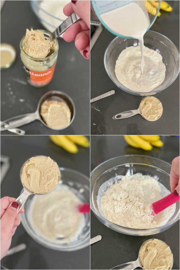 How To Make Easy Peanut Butter Bread: step by step mixing peanut butter and milk into dry ingredients