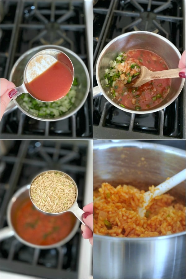 a four photo collage shows how to make Spanish rice: cook dry rice with tomato juice, add sautéed onion and pepper