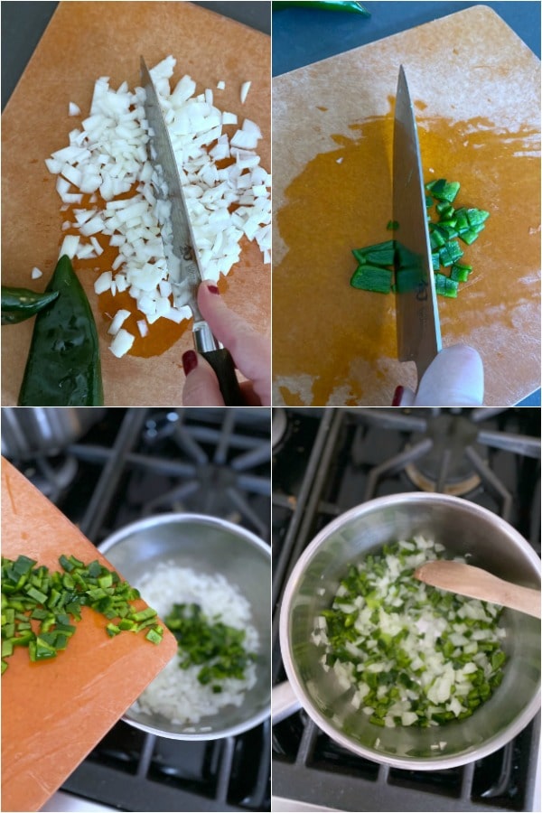 a four photo collage shows ow to make Spanish rice: chopping and sautéing onion, poblano pepper, garlic
