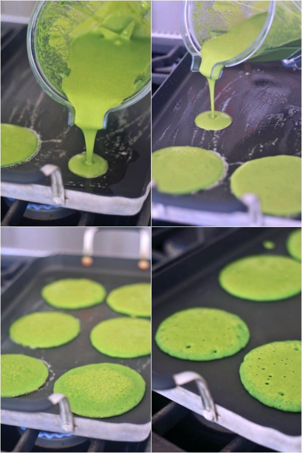 a photo collage showing how to make green pancakes: pancake batter naturally dyed with spinach being poured onto a hot griddle, cooked pancakes flipped