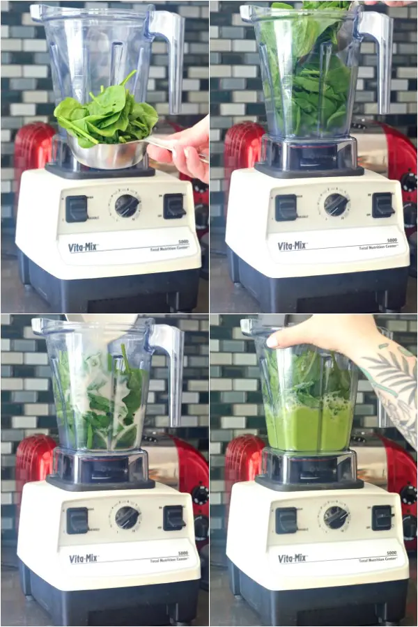 a photo collage showing how to make spinach pancakes: fresh spinach blended with liquids