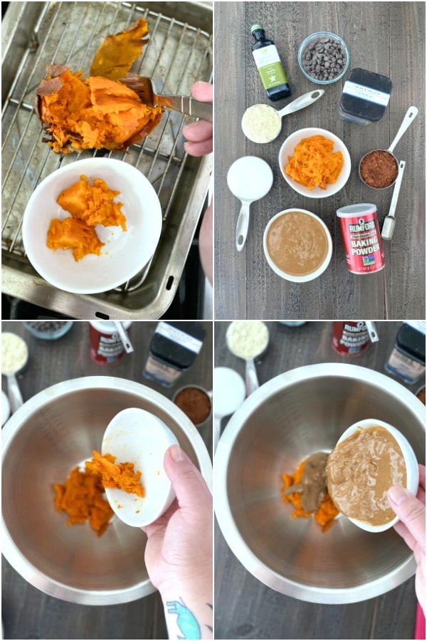photo collage of how to make sweet potato brownies: cook and mash sweet potato, add to mixing bowl with almond butter
