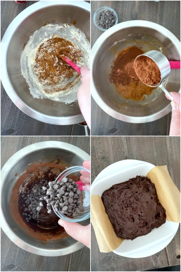 photo collage of how to make brownies: stir together previous ingredients, add cocoa and chocolate chips. stir and transfer to baking dish