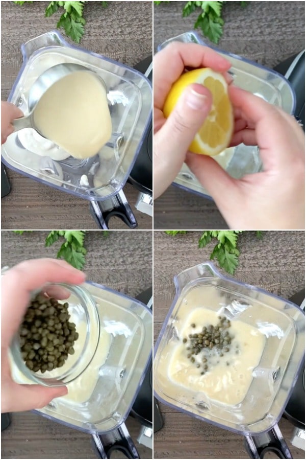 photo collage showing how to make Green Goddess salad dressing: add milk and yogurt to a blender, squeeze in lemon, add capers
