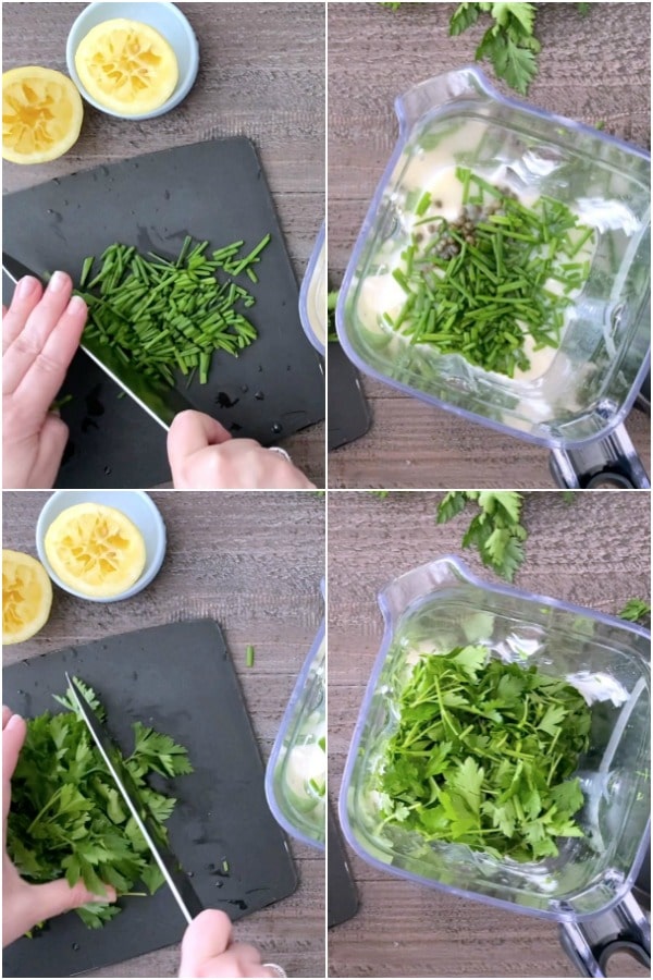 a photo collage showing how to make Vegan Green Goddess dressing: chop chives and parsley, add to blender