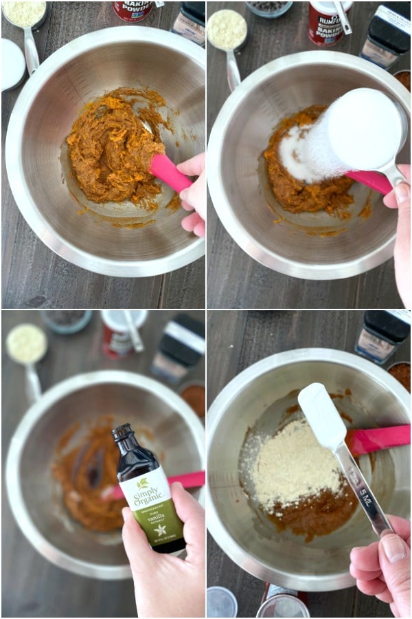 photo collage of how to make vegan brownies: add sugar to sweet potato and nut butter, add vanilla, and almond flour and baking powder