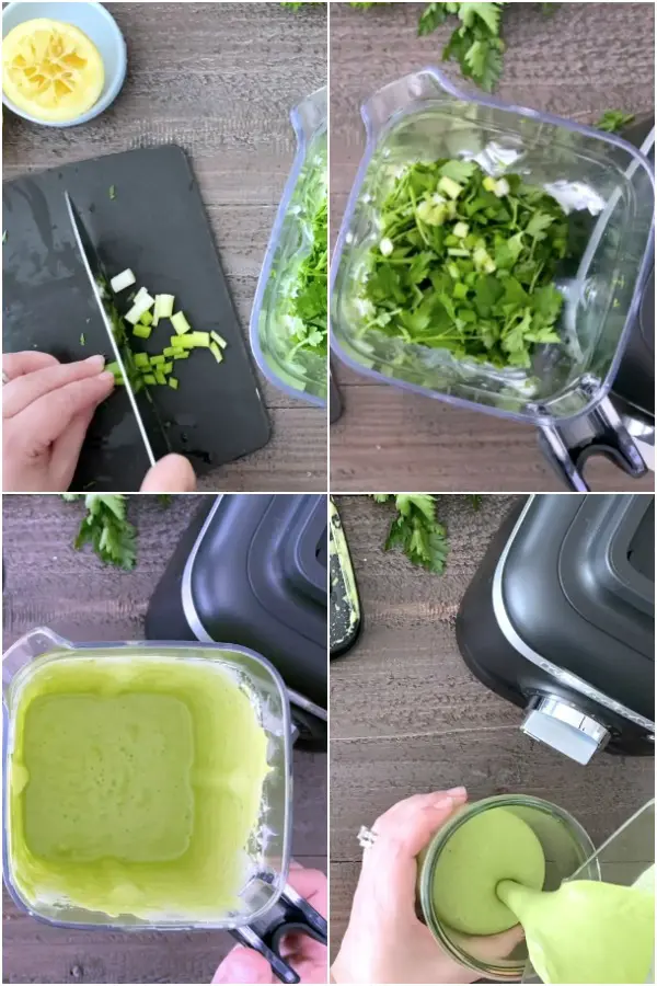 a photo collage showing how to make dairy free Green Goddess dressing or dip: chop green onion, add to blender with other fresh herbs. blend, pour into serving bowl or jar.