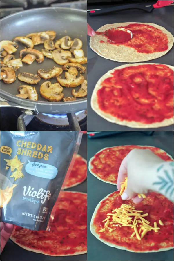 step by step photos showing how to make a pizza quesadilla: sauté mushrooms, add pizza sauce to tortillas, add cheese 