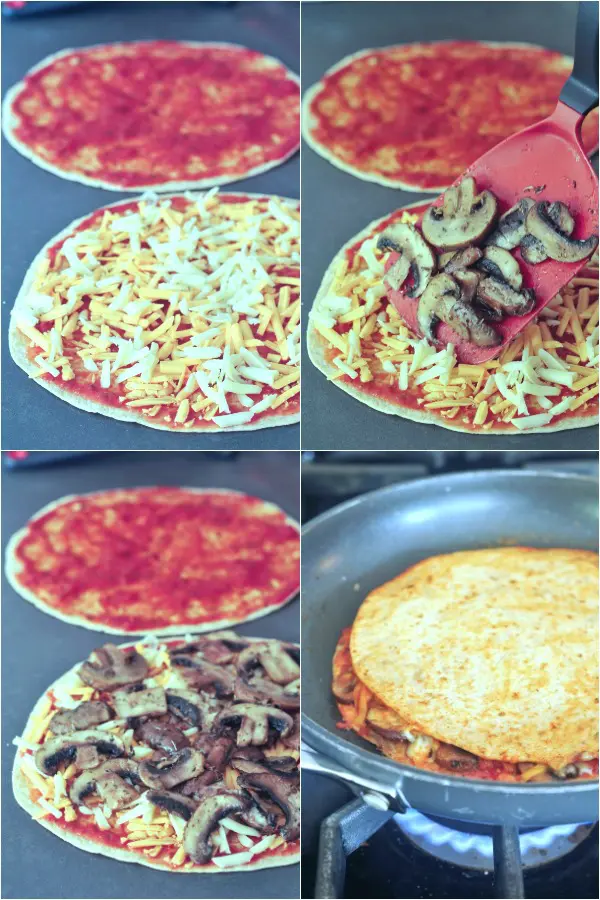 step by step photos showing how to make a gluten free quesadilla: add cheese to tortilla, add sautéed mushrooms, add second tortilla to top, cook in dry pan until tortilla is crispy and cheese is melted