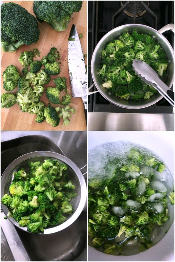 photo collage showing how to blanch broccoli: chop broccoli, add to pot with water, boil for short amount of time, drain, add to bowl of ice water to stop cooking