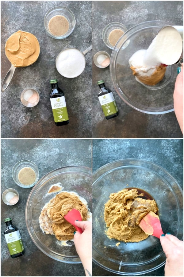 image collage showing How To Make Almond Butter Cookies: measuring cups of almond butter, sugar, almond flour, vanilla, flax egg, and baking powder