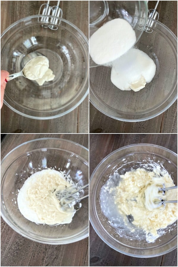 step by step photo collage on how to make vegan cheesecake: combine yogurt and sugar, add vegan cream cheese and beat with hand mixer until smooth