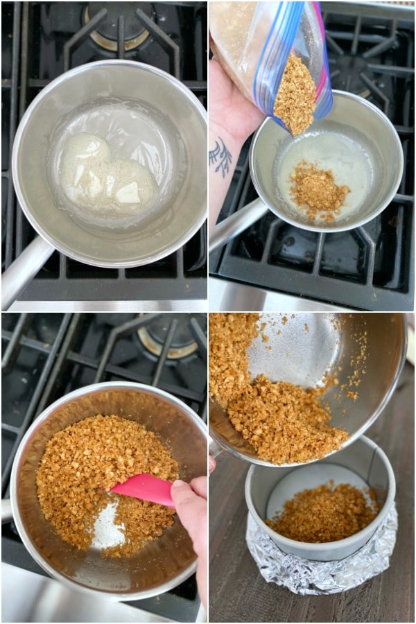 step by step photo collage on how to make cheesecake crust: melt butter, add crushed cookie crumbs, stir to combine, press into prepared springform pan