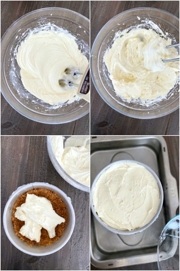 step by step photo collage on how to make vegan new york cheesecake: beat cream cheese with yogurt, sugar, lemon juice and cornstarch, transfer to springform pan on top of cookie crust, spread until smooth, place pan in larger baking dish with water bath 