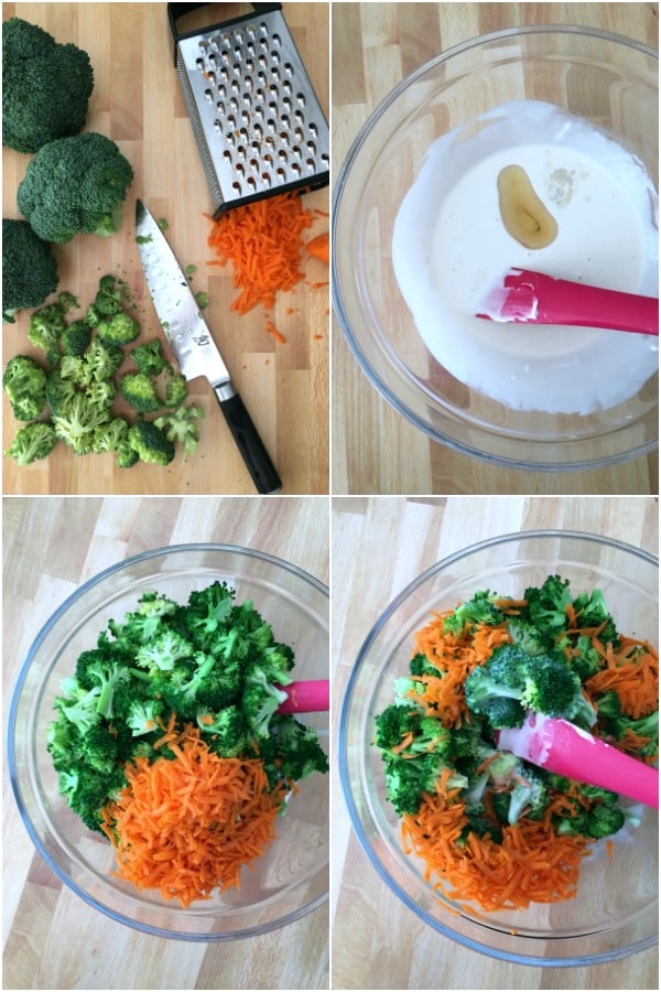 a photo collage showing how to make a broccoli salad recipe: how to blanch broccoli, combine sauce ingredients, grate carrot, combine all ingredients in a salad.