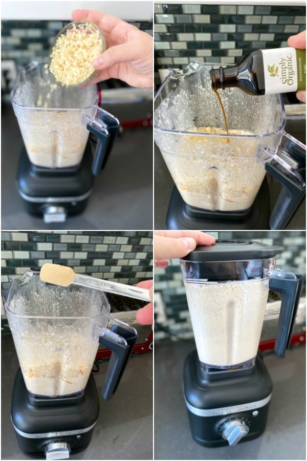 photo collage showing how to make a peach cobbler smoothie: add frozen cauliflower, vanilla, cinnamon, and blend until smooth.