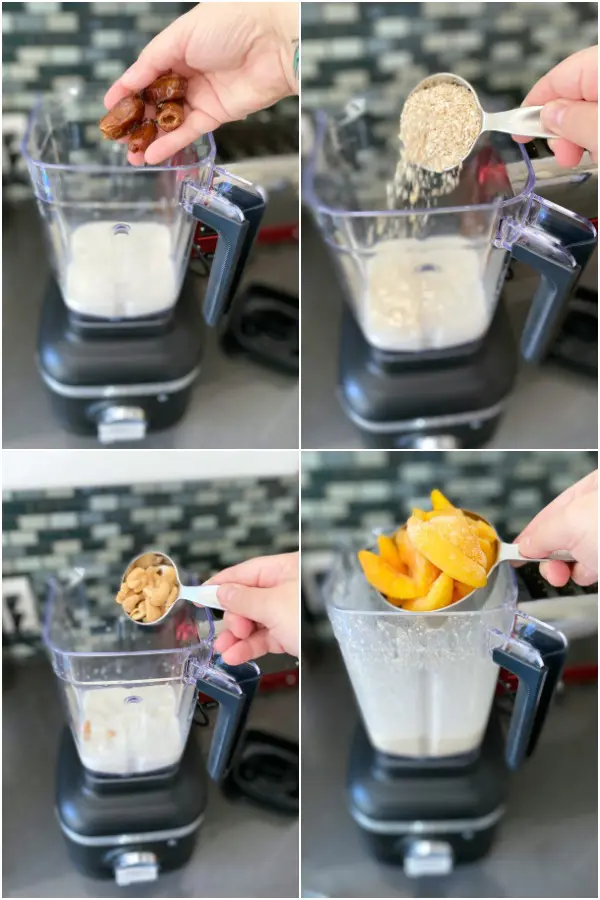 photo collage showing how to make a peach smoothie: add milk and dates to a blender, add oats, cashews, and peaches.