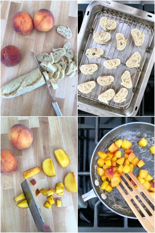 photo collage showing how to make roasted peach crostini: slice baguette and toast, chop peaches and roast or pan fry