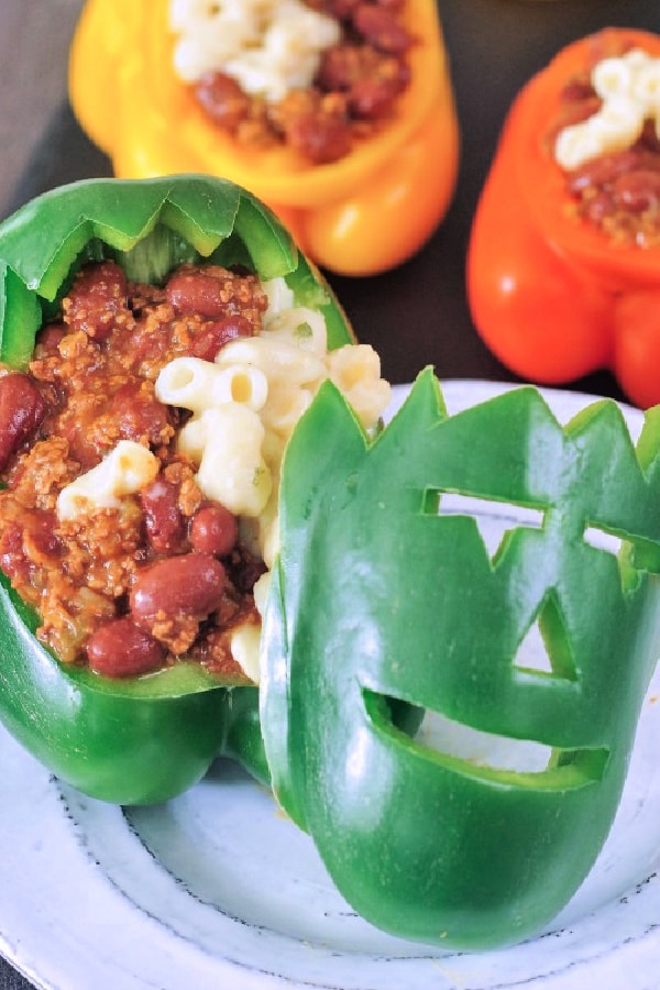 green bell pepper carved like Frankenstein's monster, stuffed with chili mac