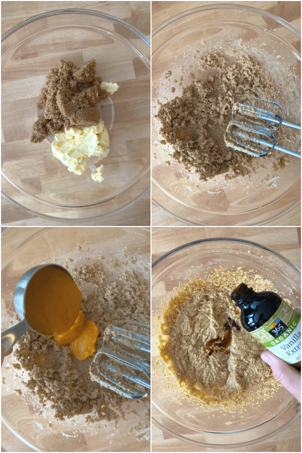 photo collage showing how to make pumpkin blondies: cream together butter and sugar, add pumpkin, add vanilla