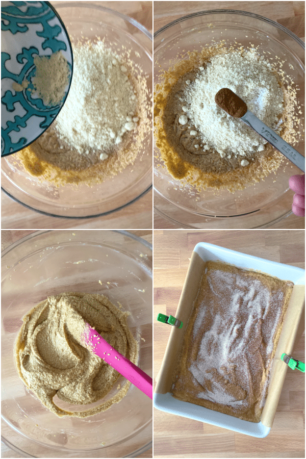 photo collage showing how to make vegan blondies: add flour and cinnamon to pumpkin mixture, stir, transfer to pan and bake