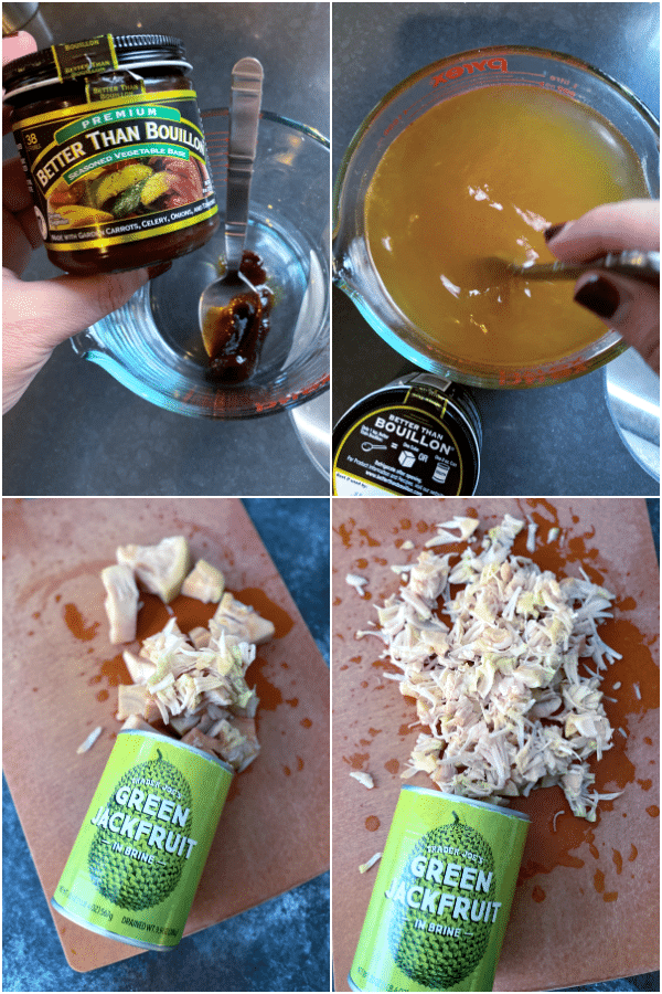 collage showing how to make peanut soup: make veggie broth from bouillon paste, shred jackfruit