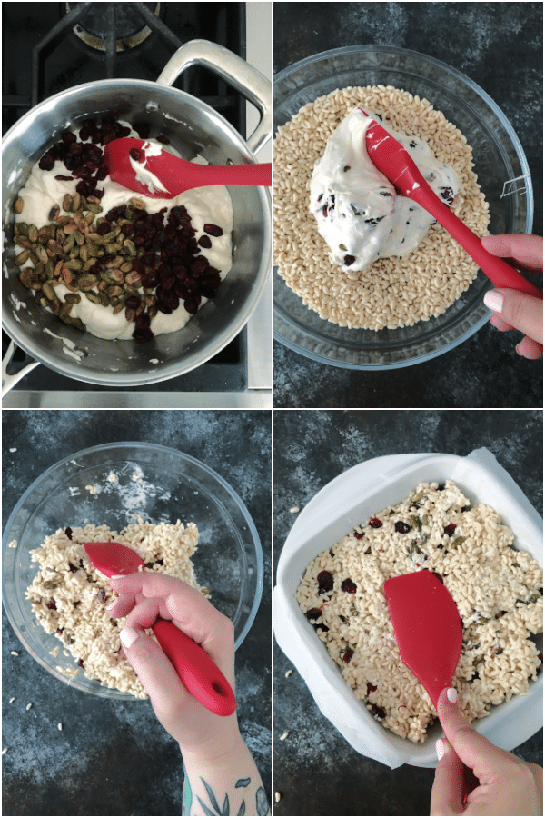 photo collage showing How to make holiday rice crispies: add pistachios and dried cranberries to melted marshmallow butter mixture, add rice cereal, press into pan.