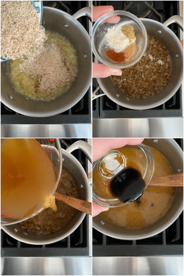photo collage showing how to make vegan gravy: add spices, rehydrated mushrooms, broth, tamari.