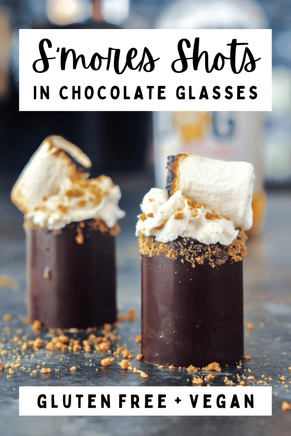 s'mores shots in edible chocolate shot glasses, topped with whipped cream, cookie crumbs, and a toasted marshmallow