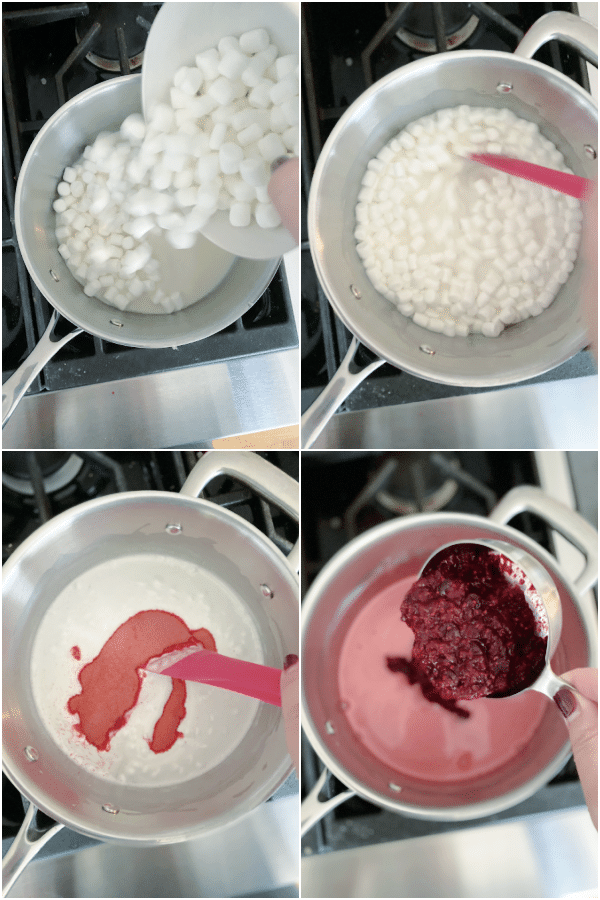 image collage on how to make cranberry fluff: heat milk and marshmallows over low heat until melted, add jello and cranberry sauce