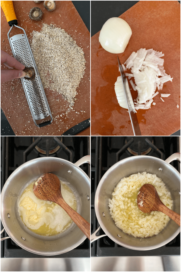 photo collage showing how to make vegan mushroom gravy: rehydrate mushrooms, chop onion and rosemary, sauté 