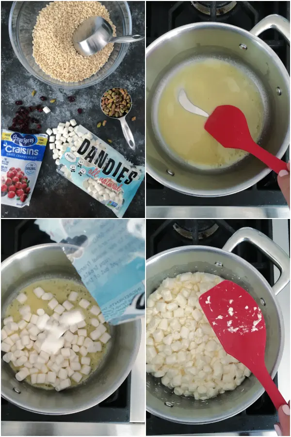 a photo collage showing how to make pistachio rice crispies: melt butter, add marshmallows, stir and melt