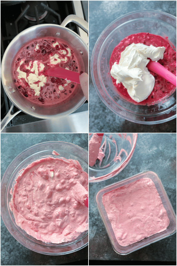 image collage on how to make vegan cranberry fluff: add cream cheese, transfer off heat into refrigerator to set, later add whipped cream and stir to combine. 