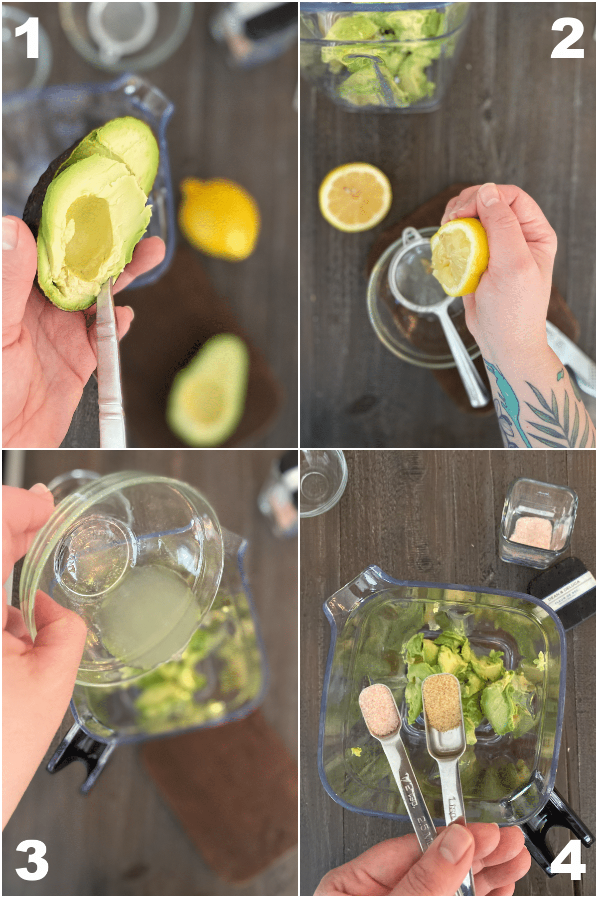 a photo collage showing how to make easy avocado sauce: peel and remove pit from avocado, squeeze lemon juice, add to blender with spices