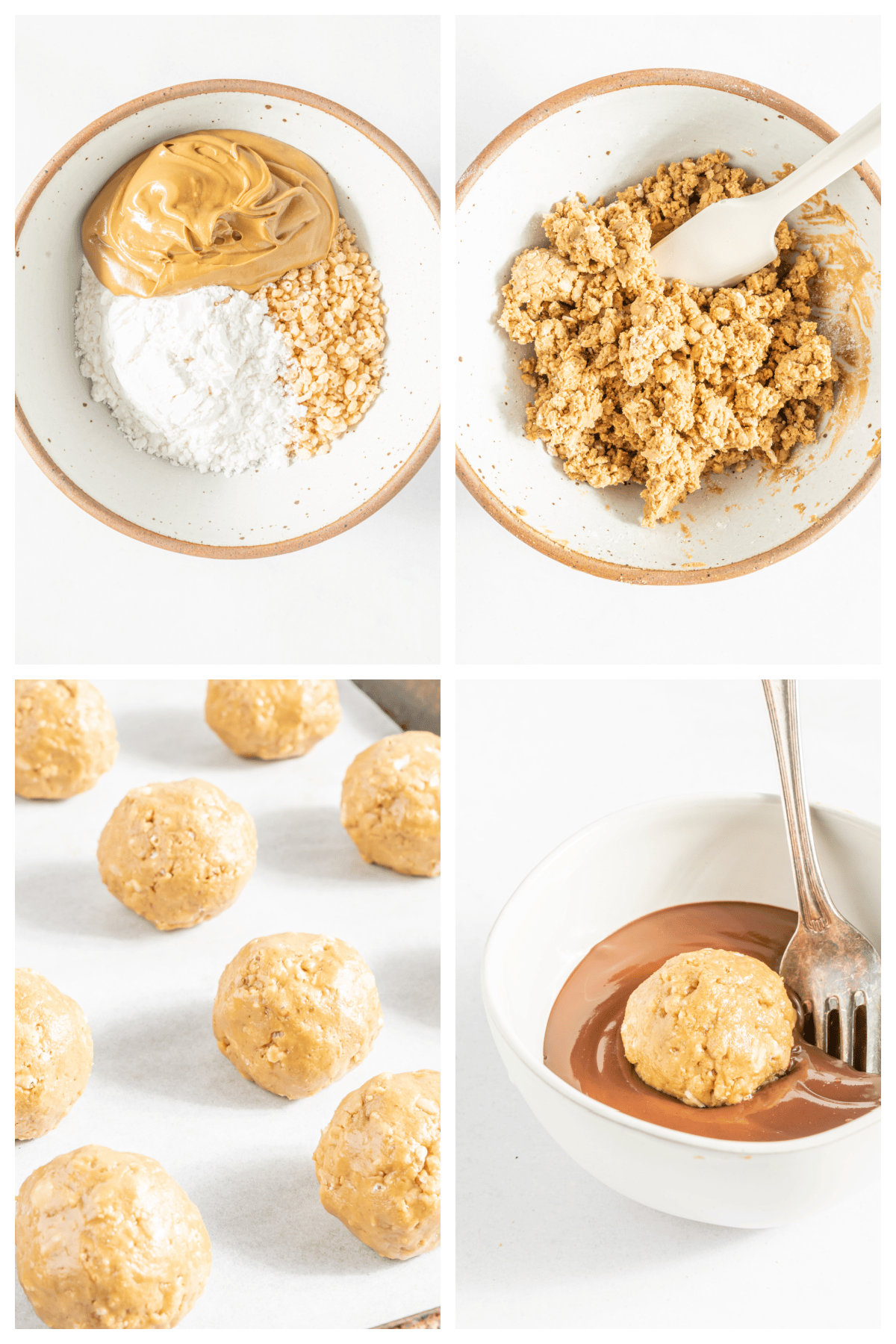 collage of four photos showing how to make butterfinger balls: peanut butter, powdered sugar, and crispy rice cereal in a bowl, then mixed up, then rolled into balls, then dipped in melted chocolate to coat completely