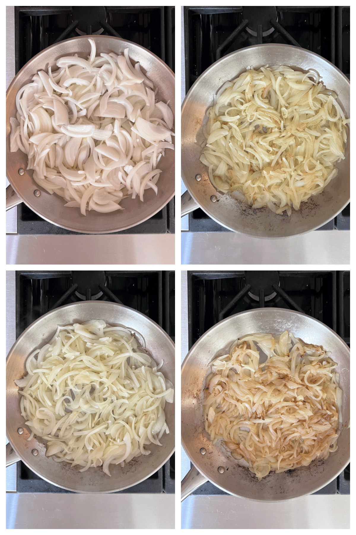 for a how to caramelize onions tutorial, an overhead view of four stages of sliced onions cooking in a stainless skillet - the beginnings showing raw white onion, then beginning to yellow and turn light golden
